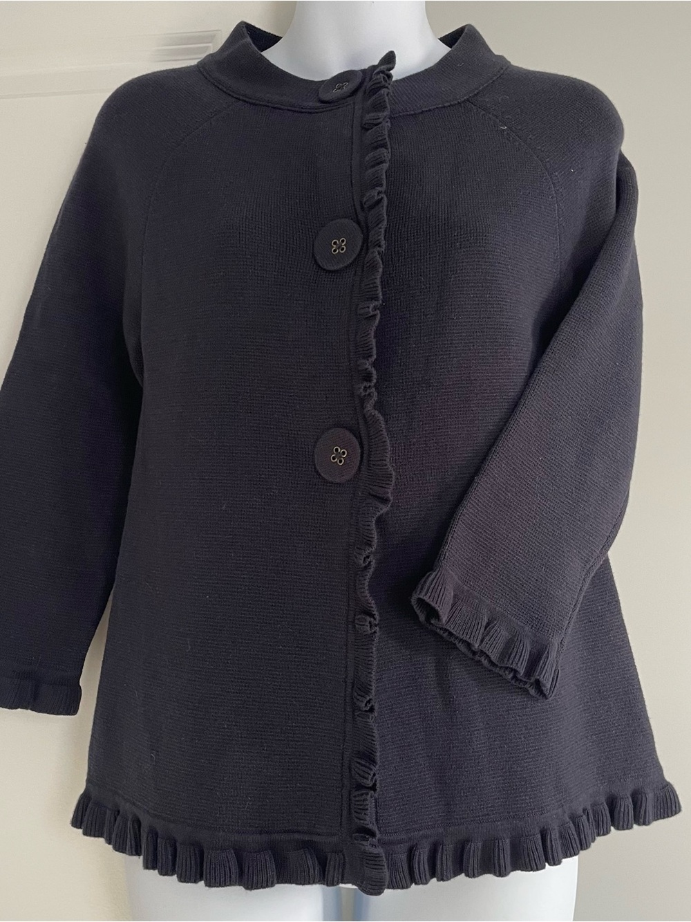 Boden Navy Blue 3/4 Sleeve Ruffle-Trim Elegant Knit Cardigan